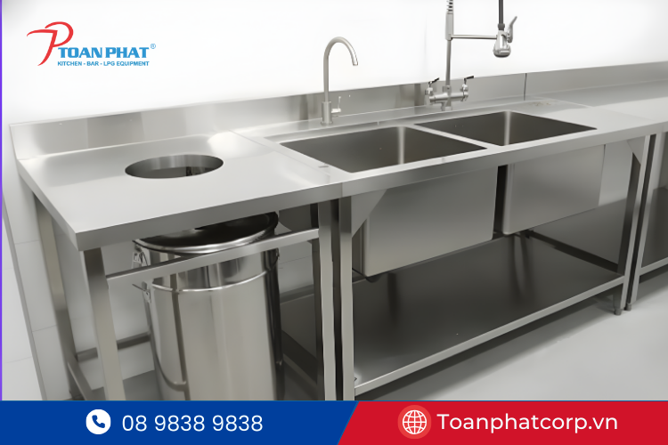 Bộ chậu rửa inox và thùng rác inox thiết kế đồng bộ, đảm bảo khu vực rửa sạch sẽ và ngăn nắp.