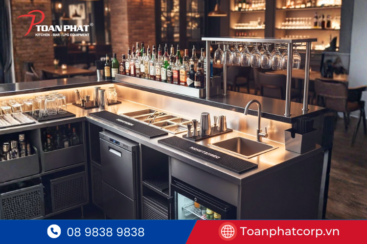 Quầy bar với thiết kế hiện đại, chuẩn bị cho dịch vụ đồ uống