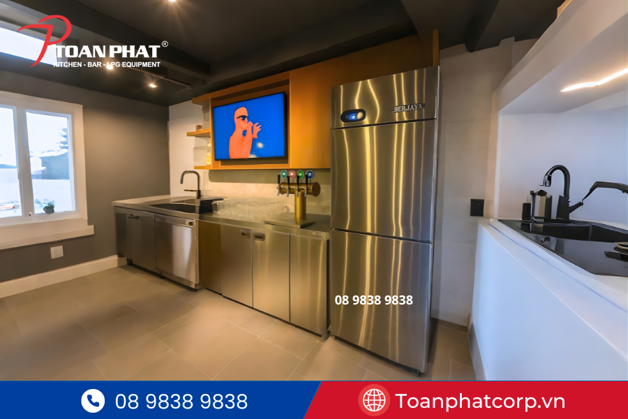 Dự án hệ thống quầy bar G-Pub Gateway Thảo Điền- Do Toàn Phát thi công 4 Tủ đông Berjaya dung tích lớn, thiết kế inox sang trọng, giúp bảo quản thực phẩm tối ưu trong khu bếp G-Pub