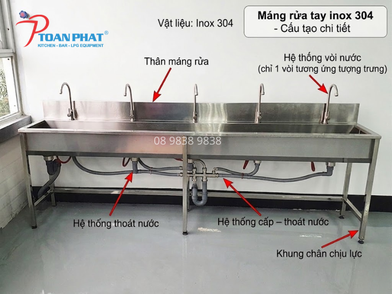 Cấu tạo chi tiết Máng rửa tay inox 304 MRT01304