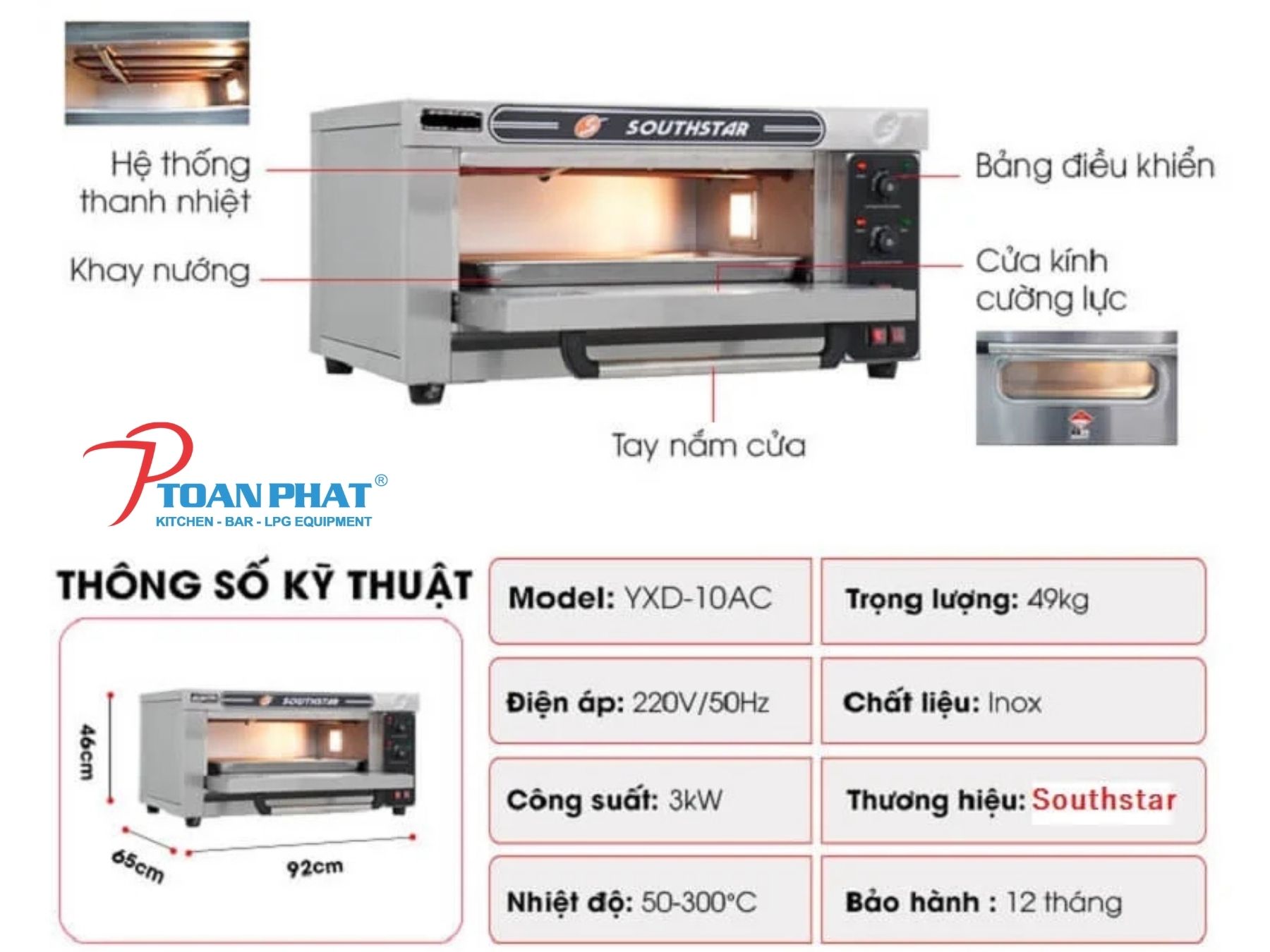 Lò nướng Southstar 1 tầng 1 khay 3 Cấu tạo và thông số của lò nướng Southstar YXD-10AC - Lò nướng Southstar 1 tầng 1 khay