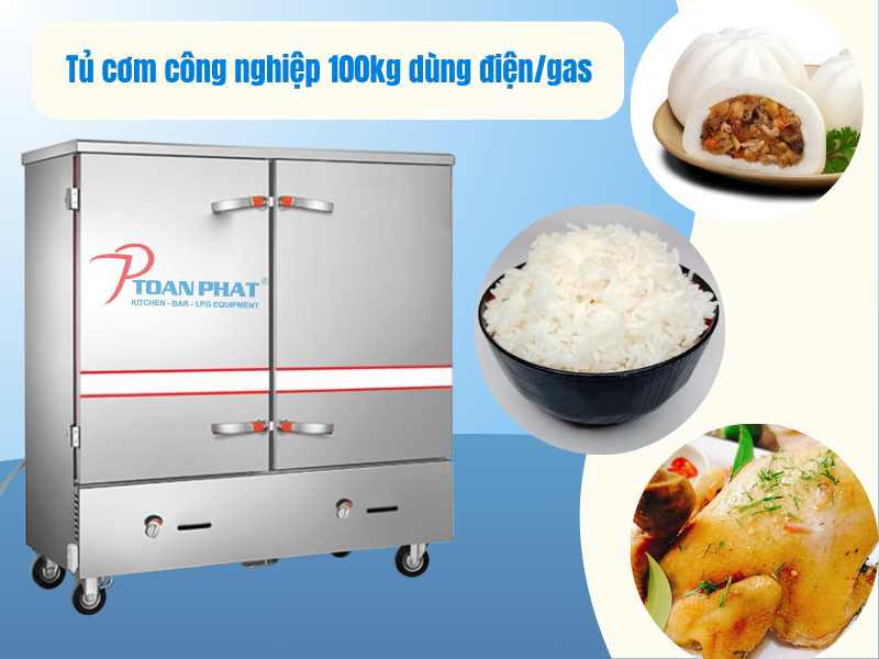 Tủ nấu cơm công nghiệp 100kg dùng điện/gas