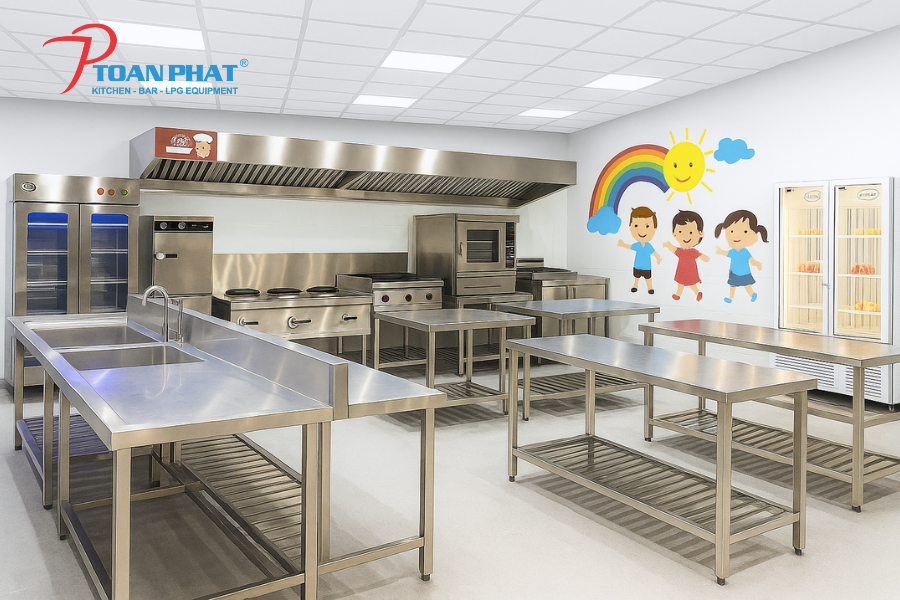Khu bếp inox hiện đại trong dự án bếp mầm non Việt Mỹ Úc