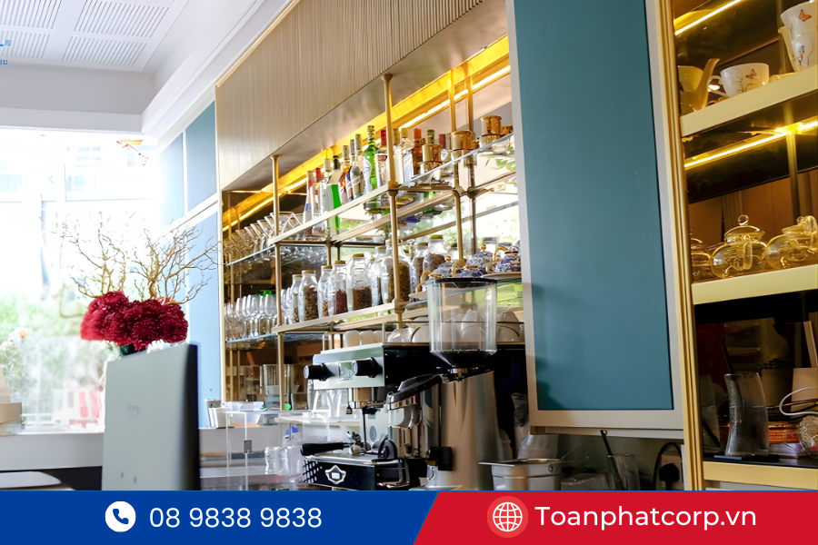 Quầy pha chế inox sạch sẽ, tiện nghi