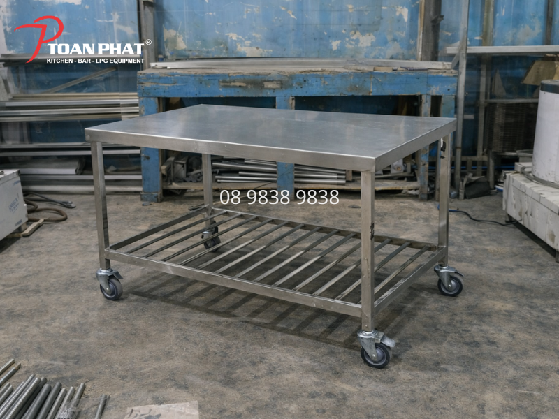 BÀN INOX 2 TẦNG ĐA DẠNG KÍCH THƯỚC 5 Bàn inox 2 tầng gắn bánh xe tiện lợi cho khu sơ chế thực phẩm