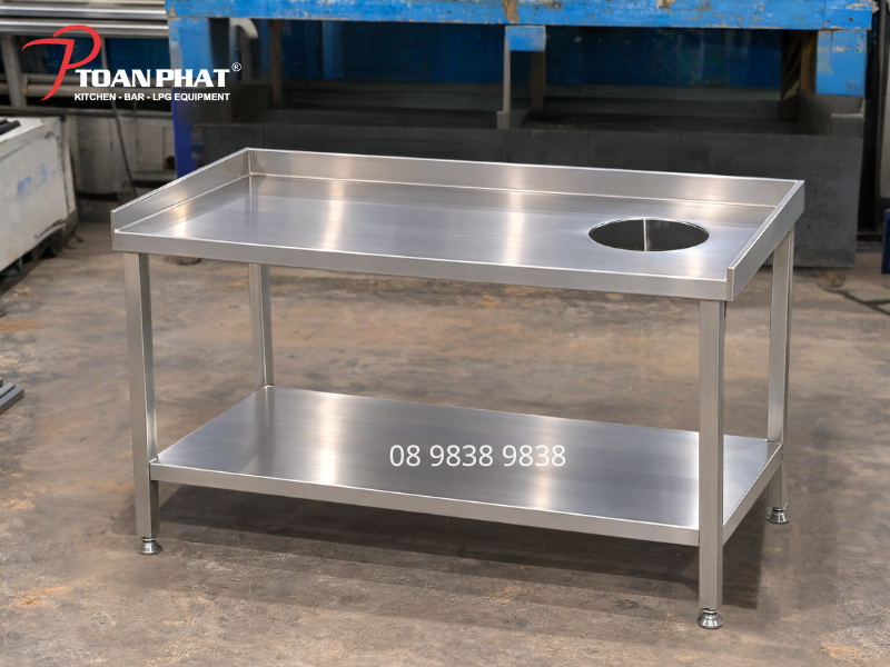 BÀN INOX 2 TẦNG ĐA DẠNG KÍCH THƯỚC 8 bàn inox 2 tầng có lỗ xả rác và thanh dập thành chắn