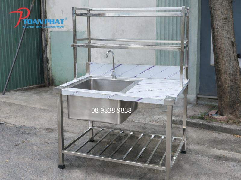 Chậu rửa inox 1 hố kết hợp giá trên và giá dưới