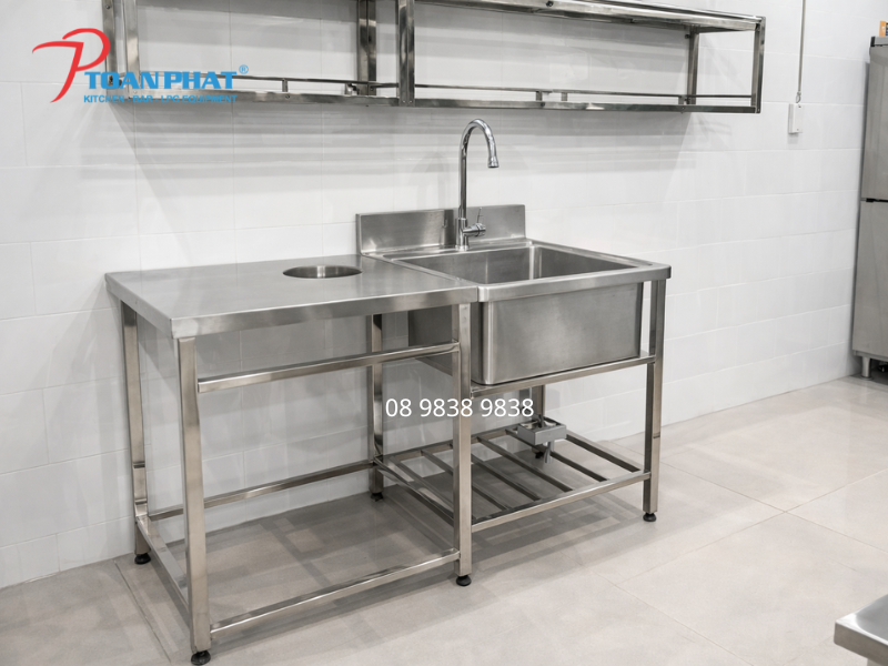 Chậu rửa inox 1 hố gắn bàn sơ chế có lỗ xả rác