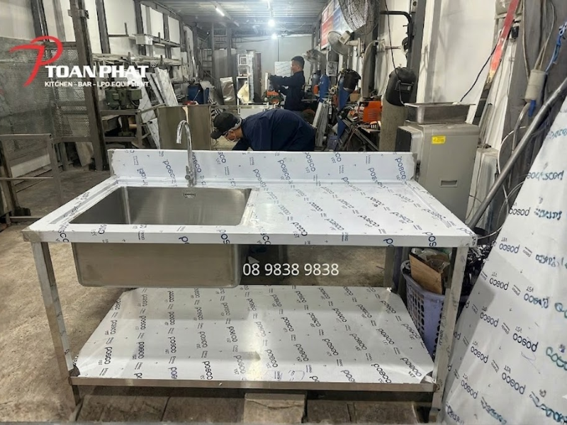 Chậu rửa inox 1 hố liền bàn sơ chế sản xuất trực tiếp tại xưởng inox