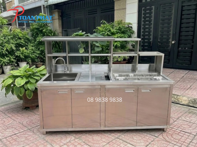 Mẫu quầy pha chế inox kết hợp 10 khay toppingn 1m8 Toàn Phát sản xuất