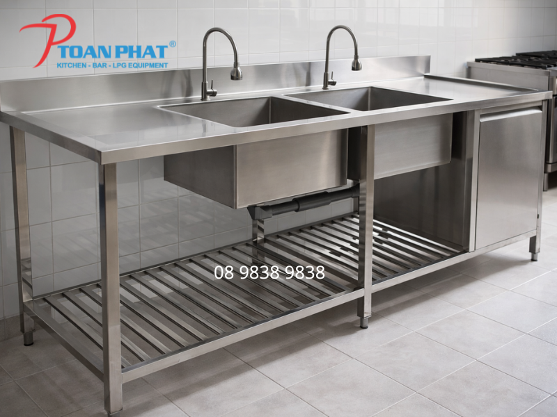 Chậu rửa inox 2 hố có tủ và kệ dưới cho bếp công nghiệp