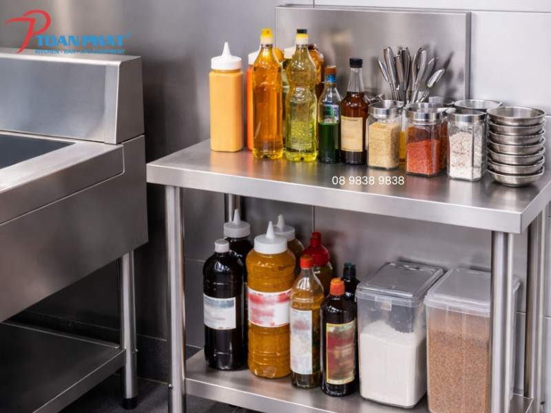 KỆ INOX 2 TẦNG CAO CẤP, ĐA DẠNG MẪU MÃ KÍCH THƯỚC | GIÁ TỐT 5 Kệ inox 2 tầng đựng gia vị tiện lợi trong khu sơ chế