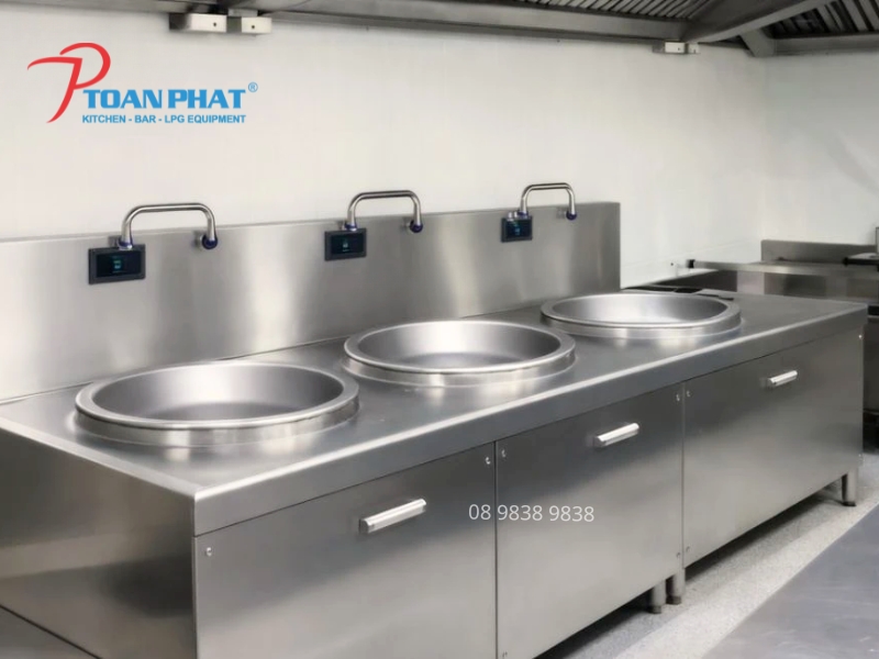 Bếp á điện từ ba họng liền chảo 12kW Okinaga thiết kế hiện đại cho bếp công nghiệp