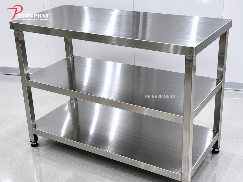 BÀN INOX 3 TẦNG 14 Mặt bàn inox 3 tầng chắc chắn, đảm bảo vệ sinh