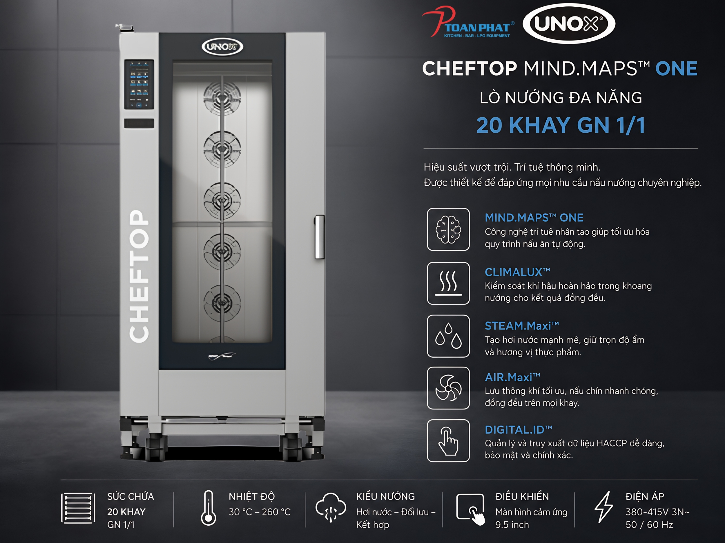 LÒ NƯỚNG ĐA NĂNG UNOX CHEFTOP MIND.MAPS ONE 20 KHAY 2 Lò nướng công nghiệp Unox sử dụng trong nhà hàng khách sạn