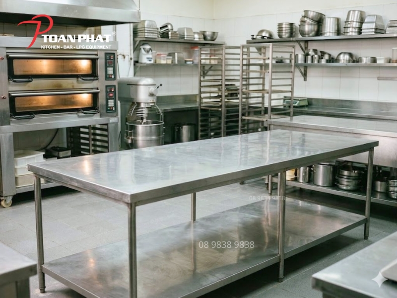 Thiết Kế Bếp Cho quán Cafe - Bánh: Quy Trình Setup & Thiết Bị Tối Ưu 8 Bàn sơ chế inox tối ưu thao tác làm bánh