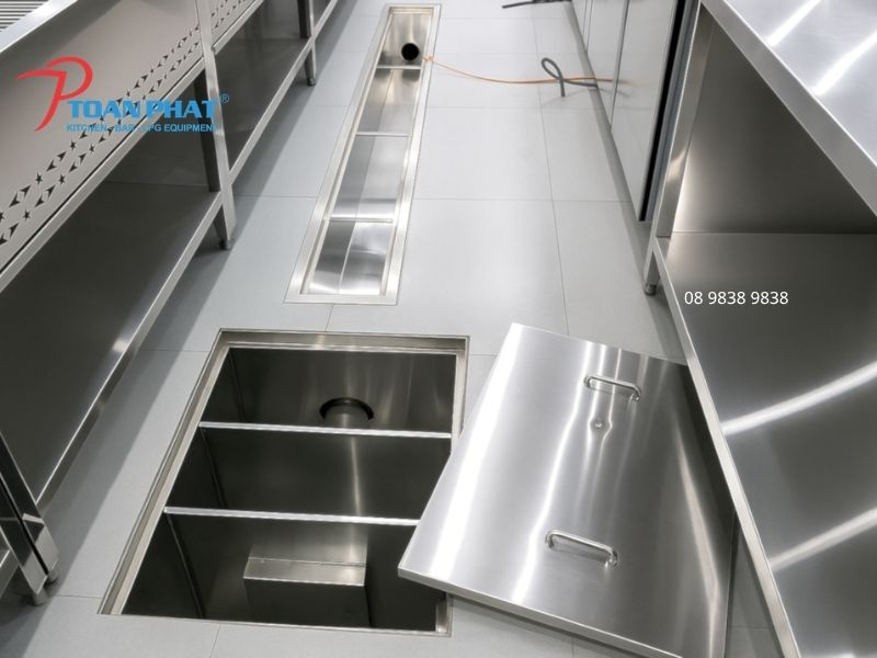 Thiết kế thi công bếp 200 suất ăn cho nhà hàng, quán ăn 8 Bể lọc mỡ và mương thoát sàn
