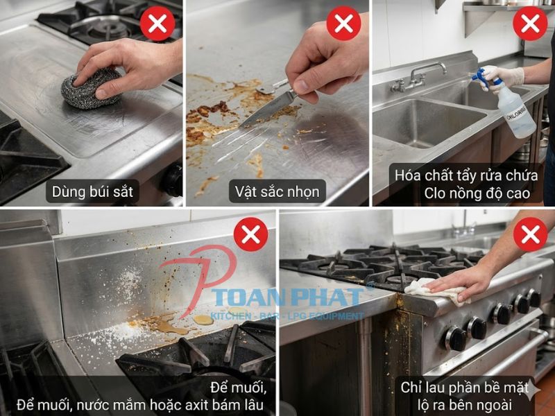 Vệ sinh Bếp công nghiệp đúng cách giúp kéo dài tuổi thọ thiết bị 6 Những sai lầm phổ biến khi làm sạch bếp inox